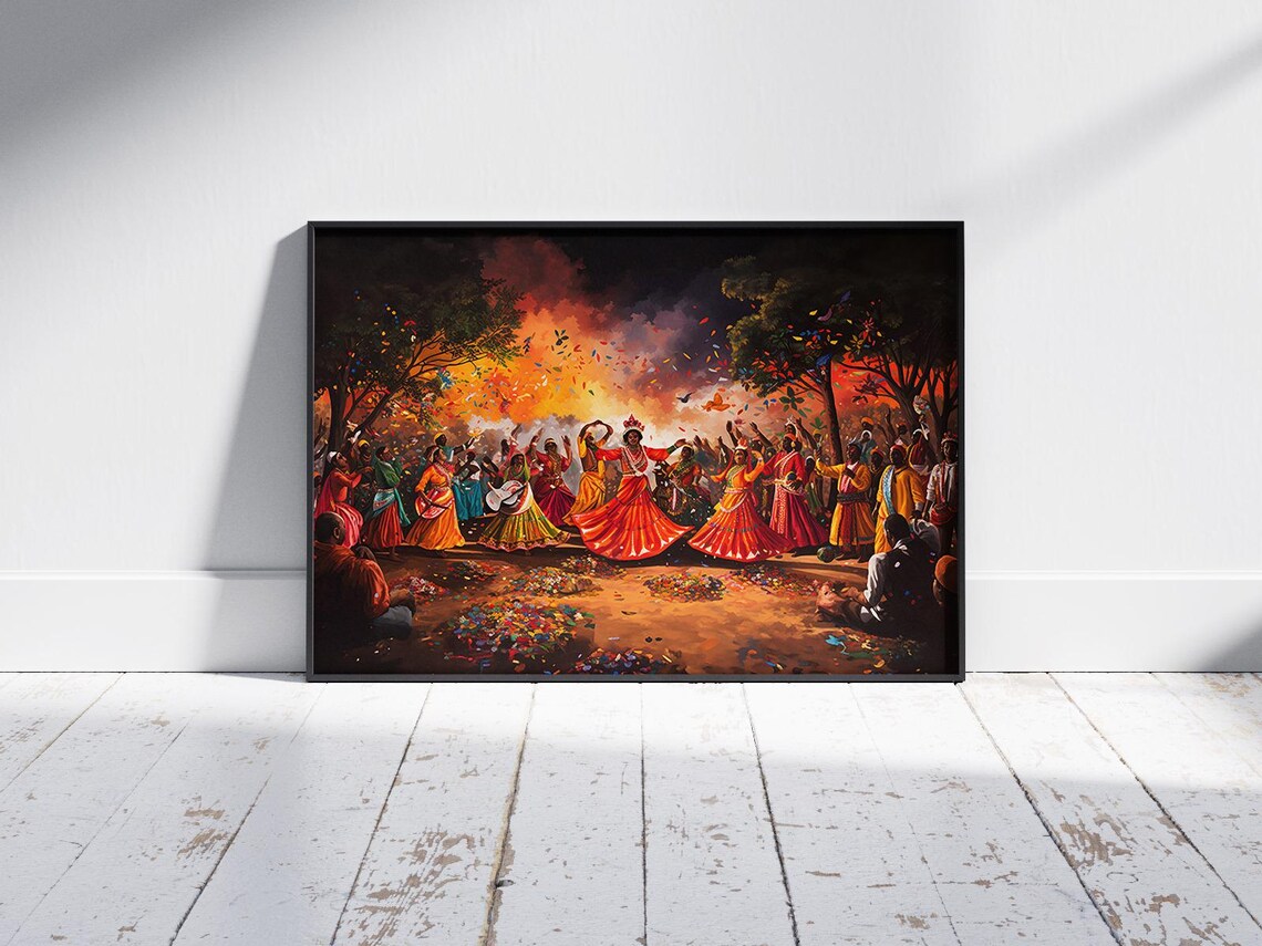 Indian Folk Dance Celebration Around Bonfire Vibrant Festival Painting Poster - Image 3