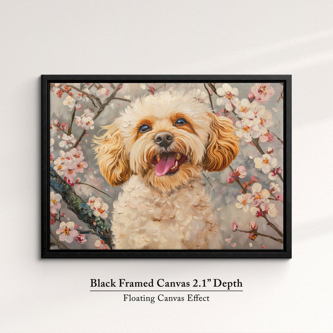 Smiling Golden Doodle In Pink Spring Blossoms Fluffy Dog Wall Poster - Image 2
