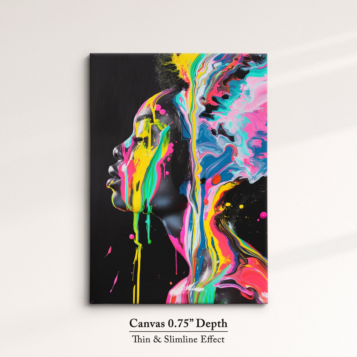 Neon Paint Drips Over Woman Face Profile Black Background Art Poster - Image 4