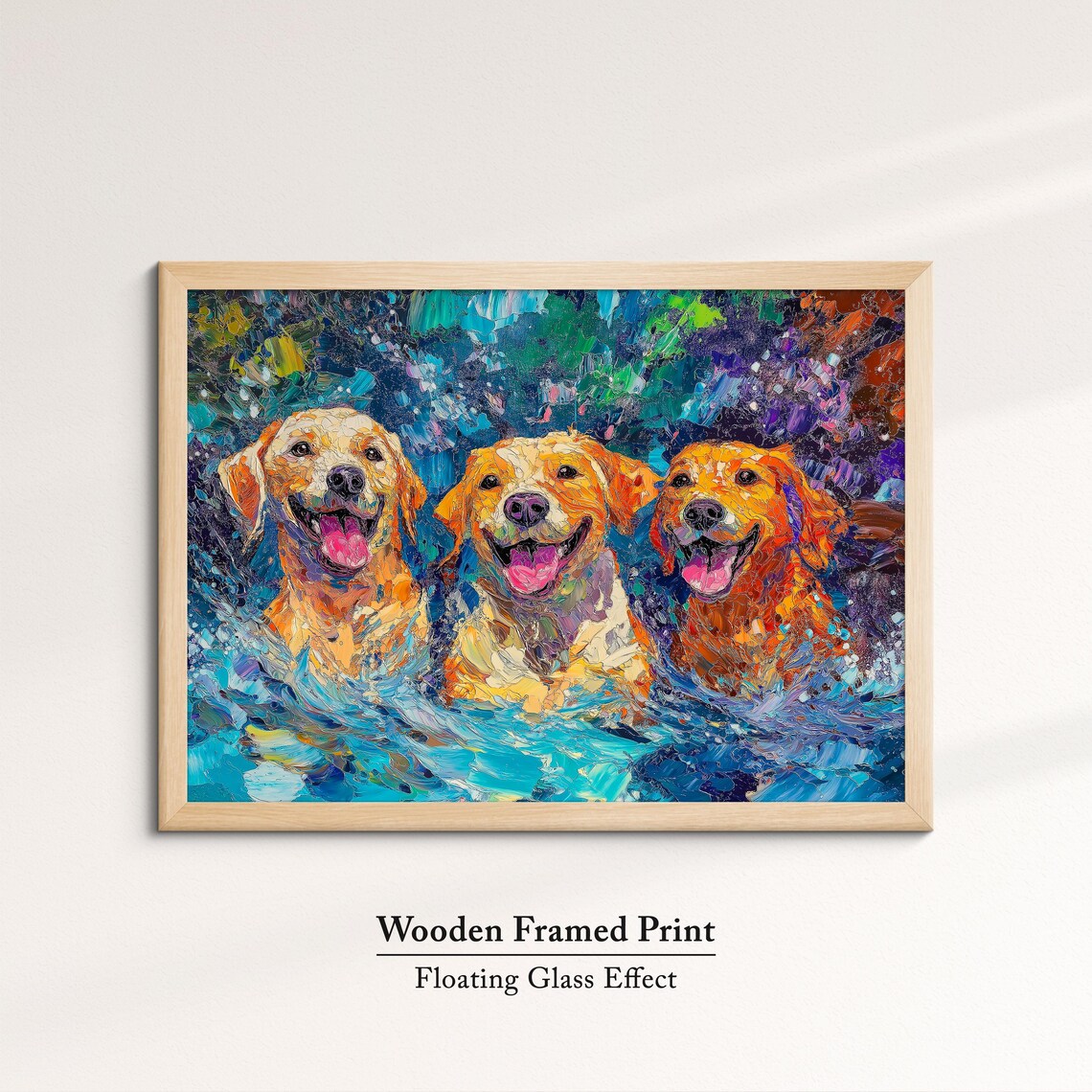 Three Golden Retrievers Swimming Joyful Blue Water Dog Art Print - Image 6
