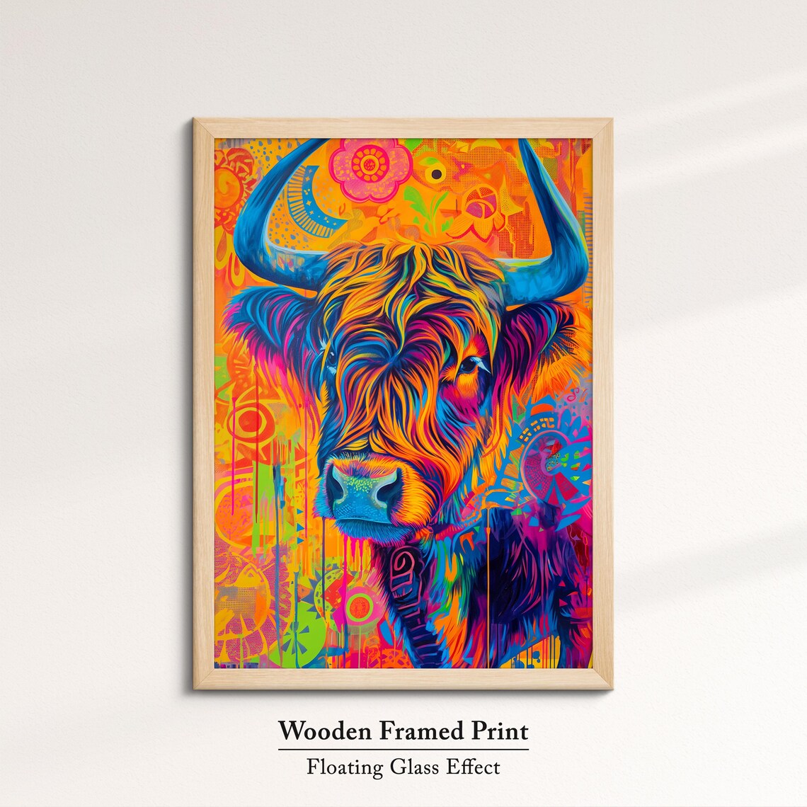 Highland Cow Colorful Rainbow Shaggy Hair Floral Portrait Poster - Image 6