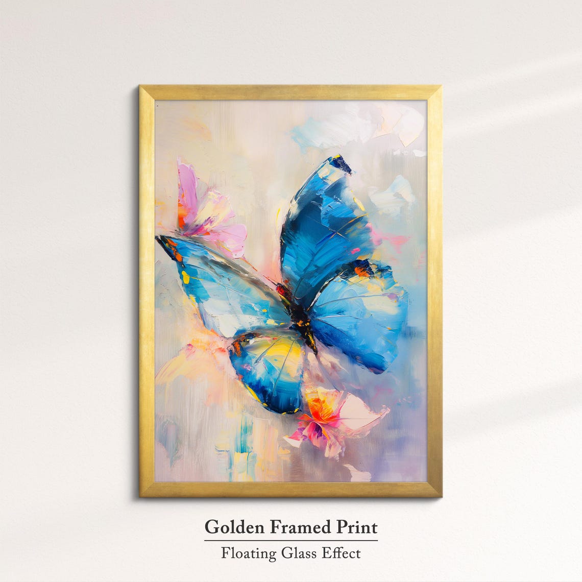 Blue Butterfly In Flight Pink Flower Soft Pastel Nature Wall Art - Image 5