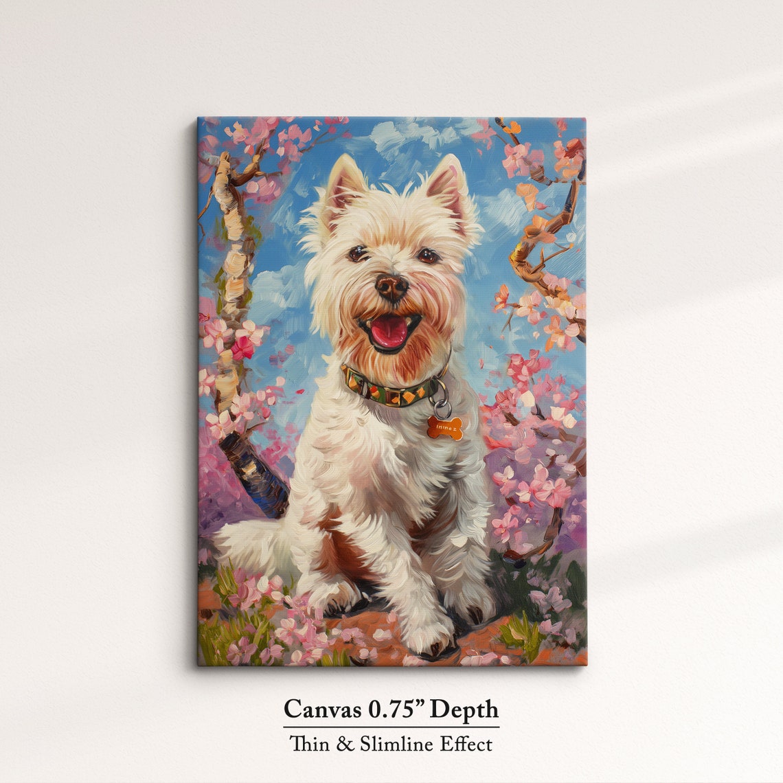 Smiling Westie With Bone Collar Tag In Blossom Branches Sky Art Poster - Image 4