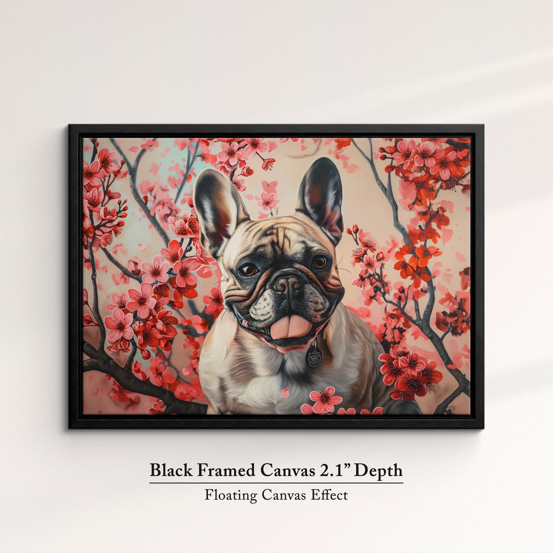 French Bulldog Portrait In Red Blossoms With Collar Tag Spring Poster - Image 2