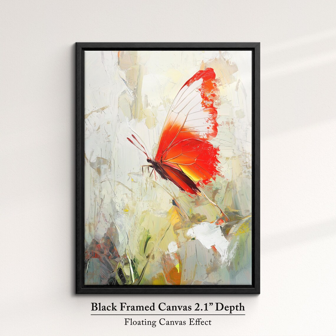 Red Orange Butterfly Oil Painting Cream Background Elegant Wall Art - Image 2