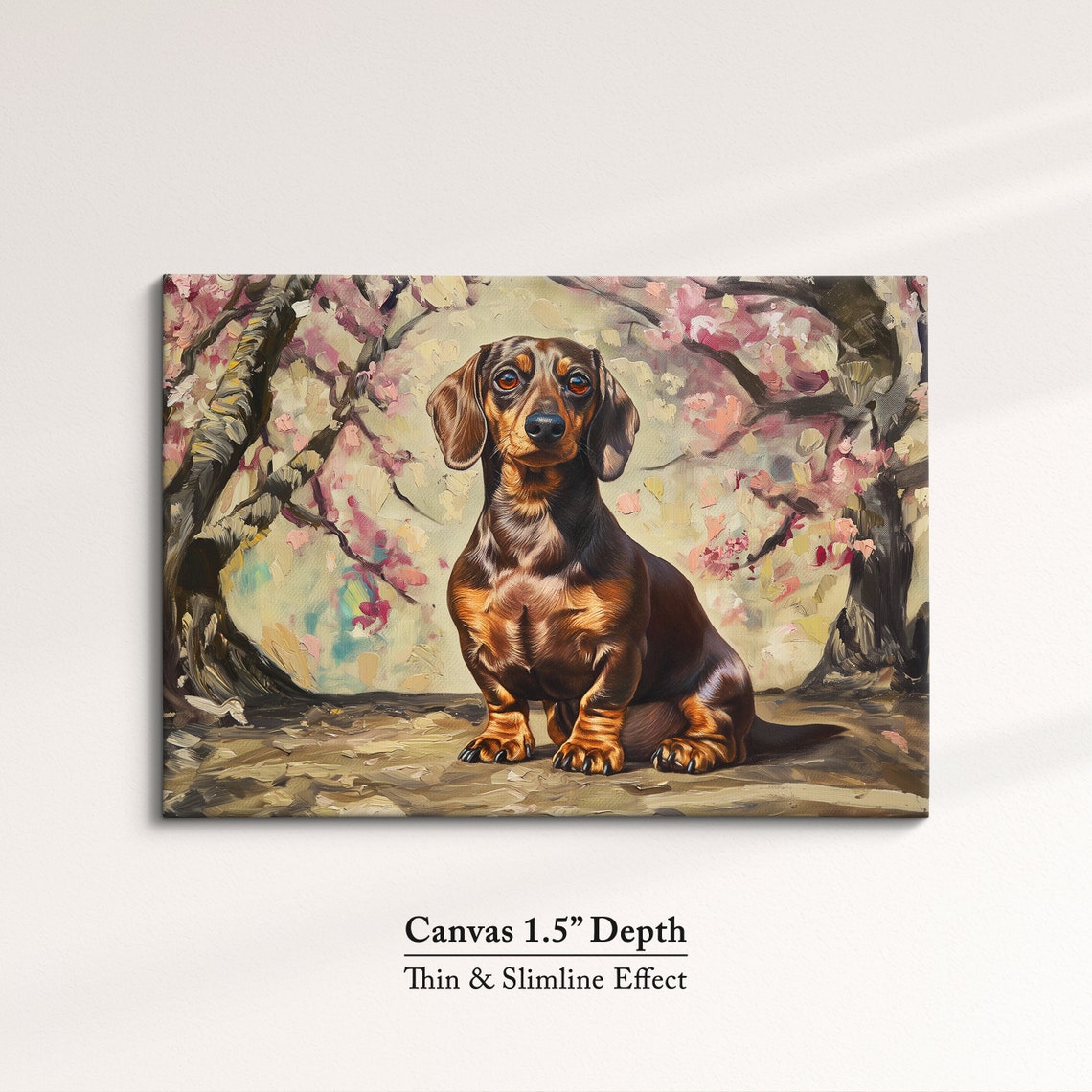 Black And Tan Dachshund Sitting Among Cherry Blossoms Oil Art Poster - Image 3
