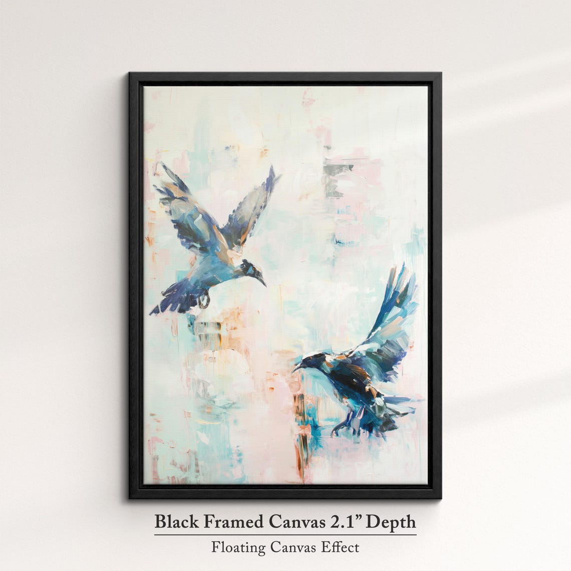 Two Crows In Flight Pastel Blue Watercolor Dark Bird Wall Art Poster - Image 2