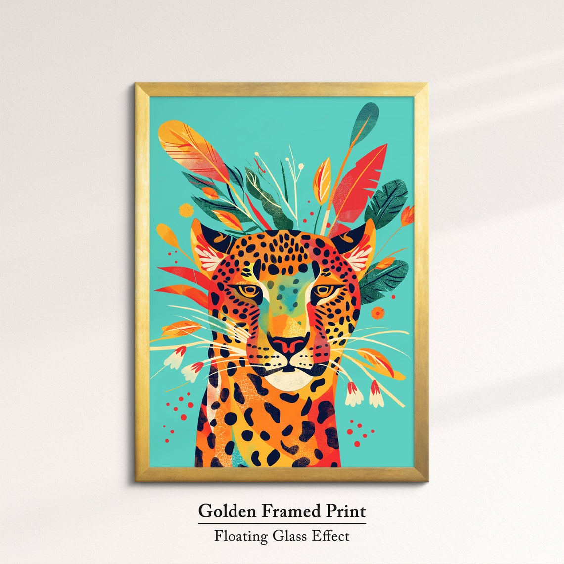 Leopard Face Front With Tropical Leaves Turquoise Art Poster - Image 5