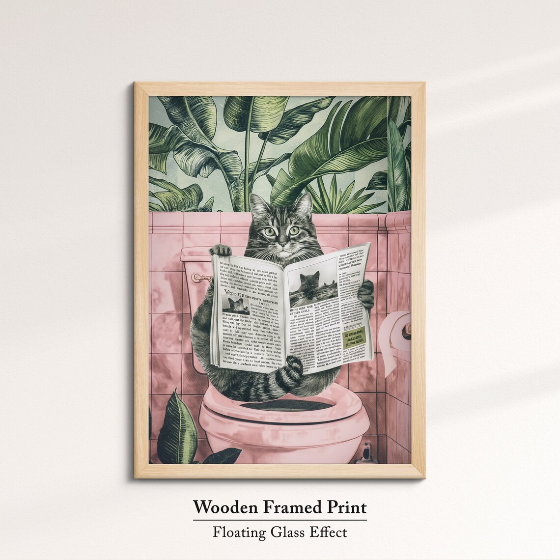 Funny Tabby Cat Reading Newspaper On Toilet Pink Bathroom Art Poster - Image 6