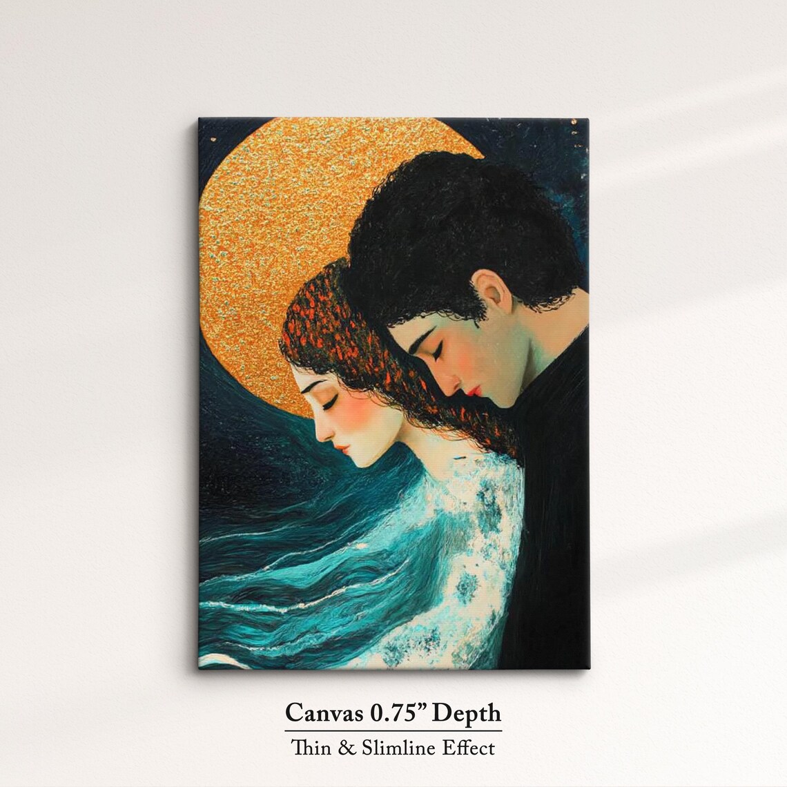 Couple Under Golden Full Moon Romantic Night Embrace Wall Art Print - Image 4