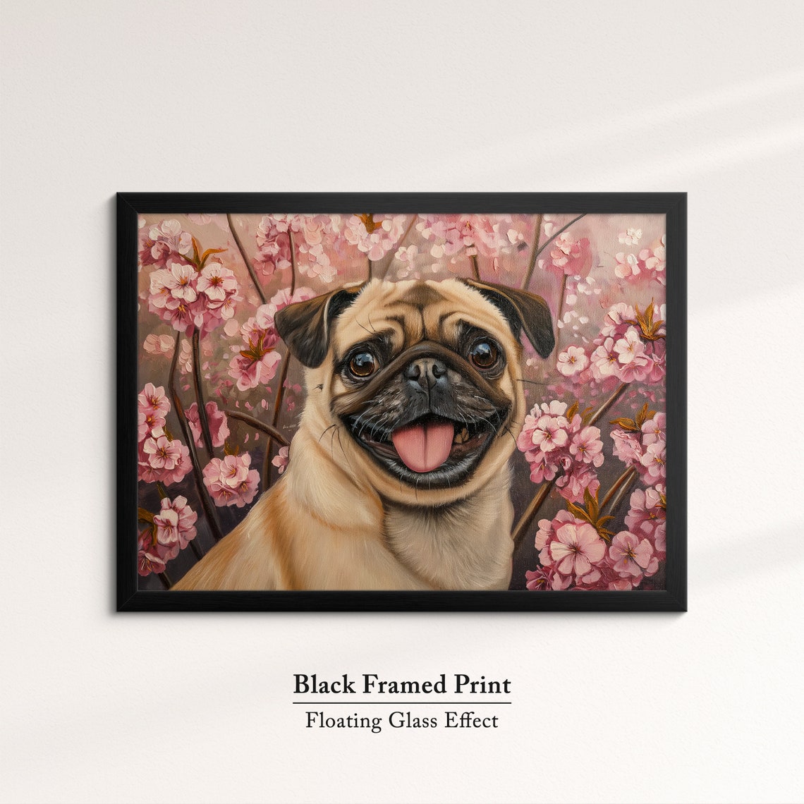 Happy Pug Grinning With Tongue Out In Pink Cherry Blossoms Art Poster - Image 8