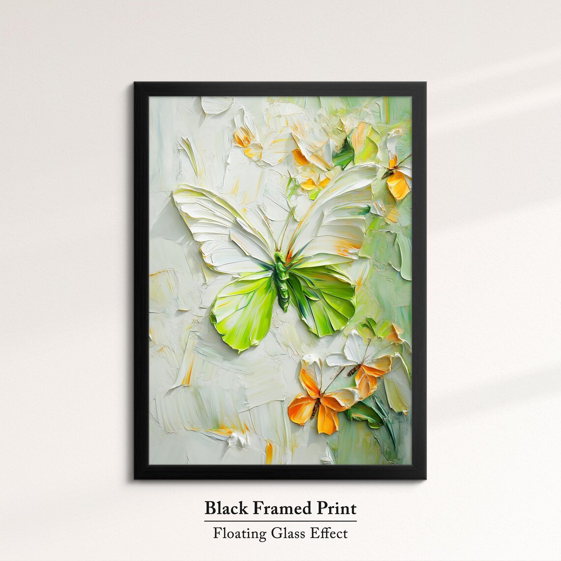 White Green Butterfly Impasto Oil Painting Nature Elegance Wall Art - Image 8