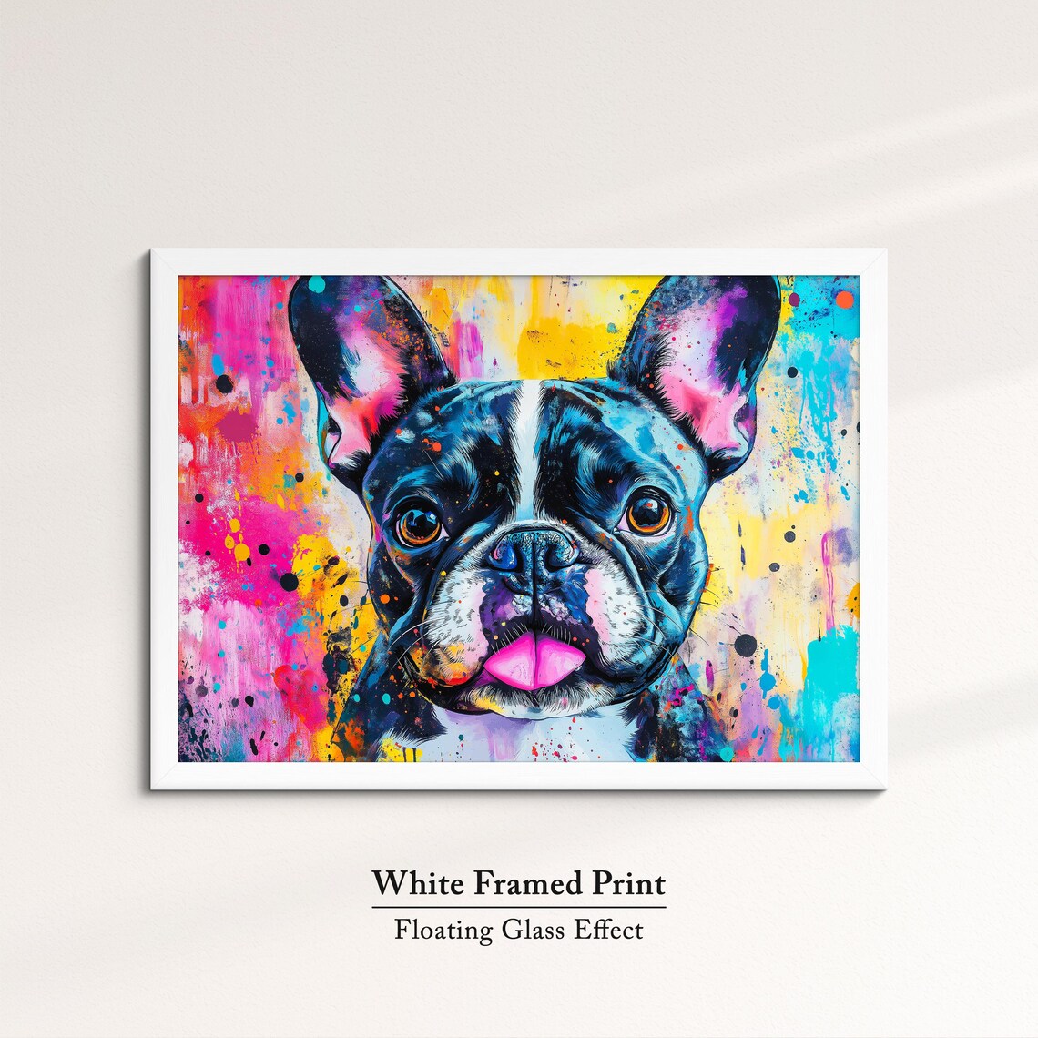 Happy French Bulldog Portrait Pink Yellow Splatter Dog Wall Art Print - Image 7