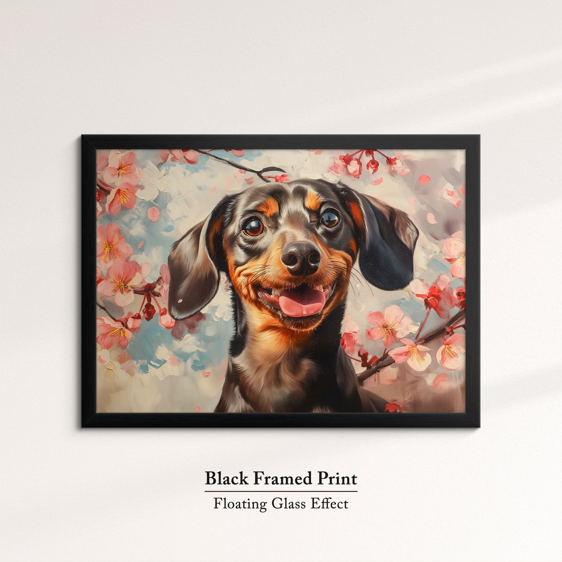 Cheerful Dachshund Face Close Up In Spring Cherry Blossoms Art Poster - Image 8