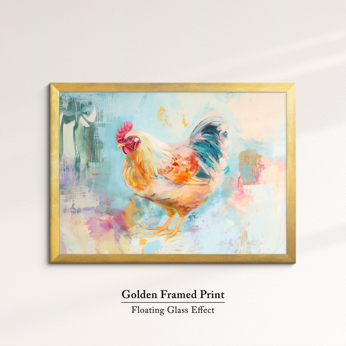 Rooster Golden Pastel Watercolor Teal Tail Farm Bird Wall Poster - Image 5