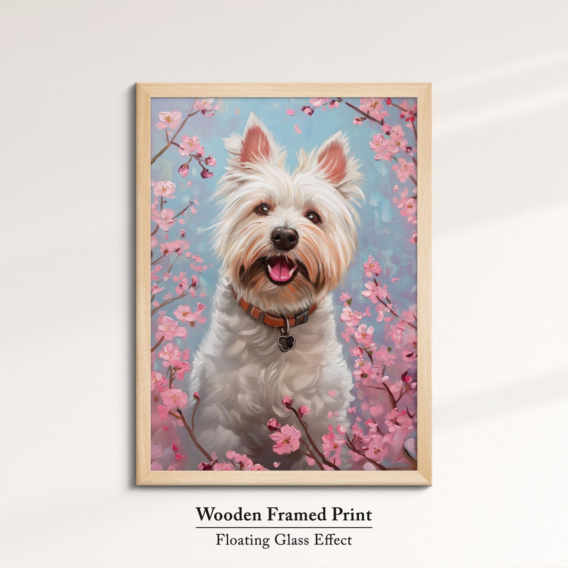 Happy Westie With Orange Collar In Pink Blossoms Blue Sky Poster - Image 6