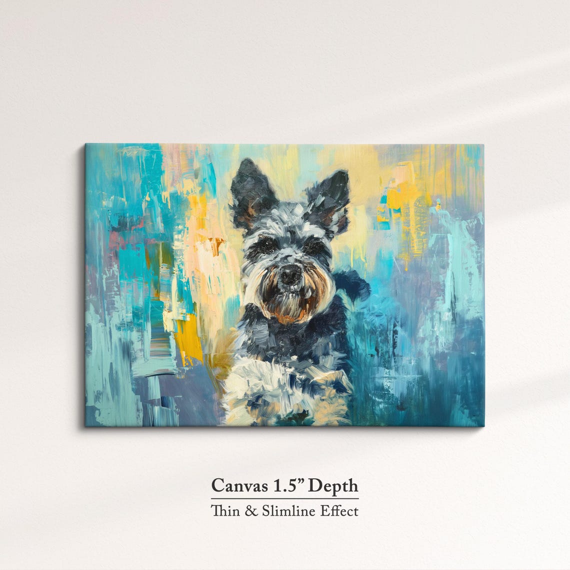 Schnauzer Sitting Portrait Teal Yellow Abstract Background Dog Poster - Image 3