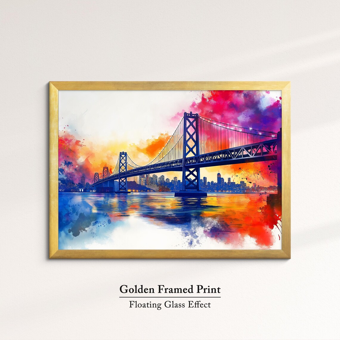 San Francisco Bay Bridge Sunset Skyline Vibrant Watercolor Art Poster - Image 5