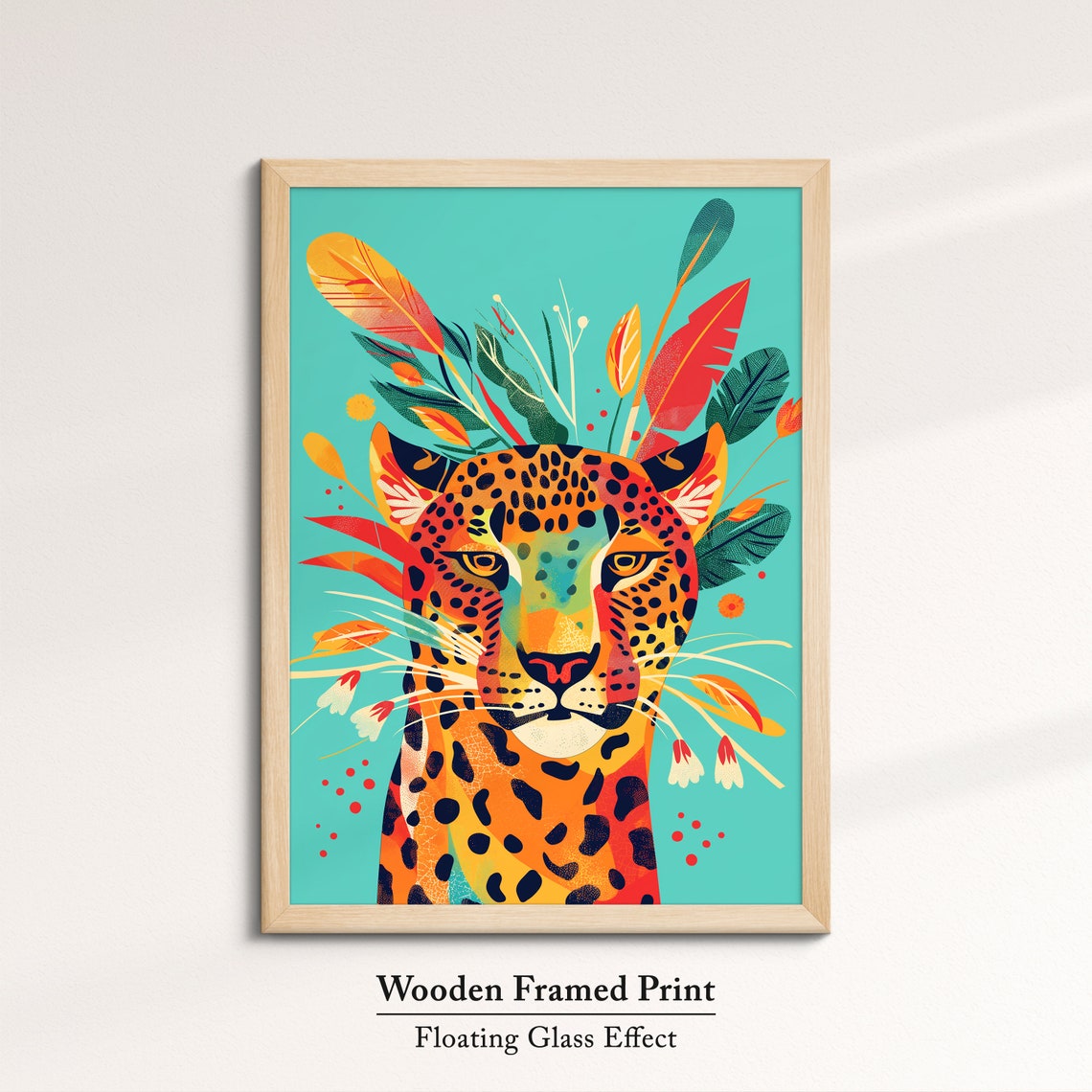 Leopard Face Front With Tropical Leaves Turquoise Art Poster - Image 6
