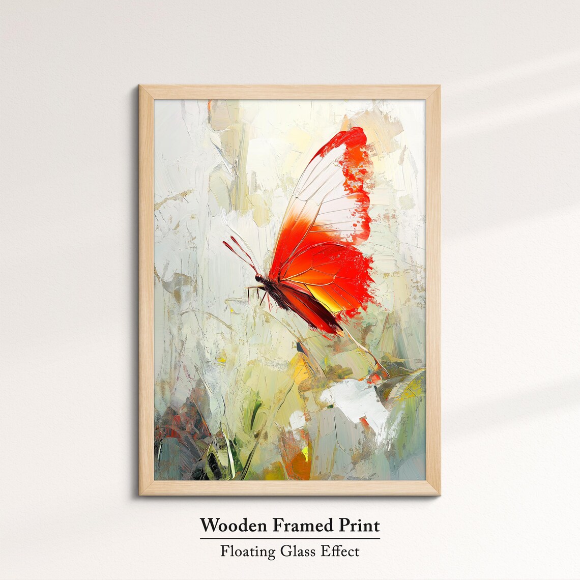 Red Orange Butterfly Oil Painting Cream Background Elegant Wall Art - Image 6
