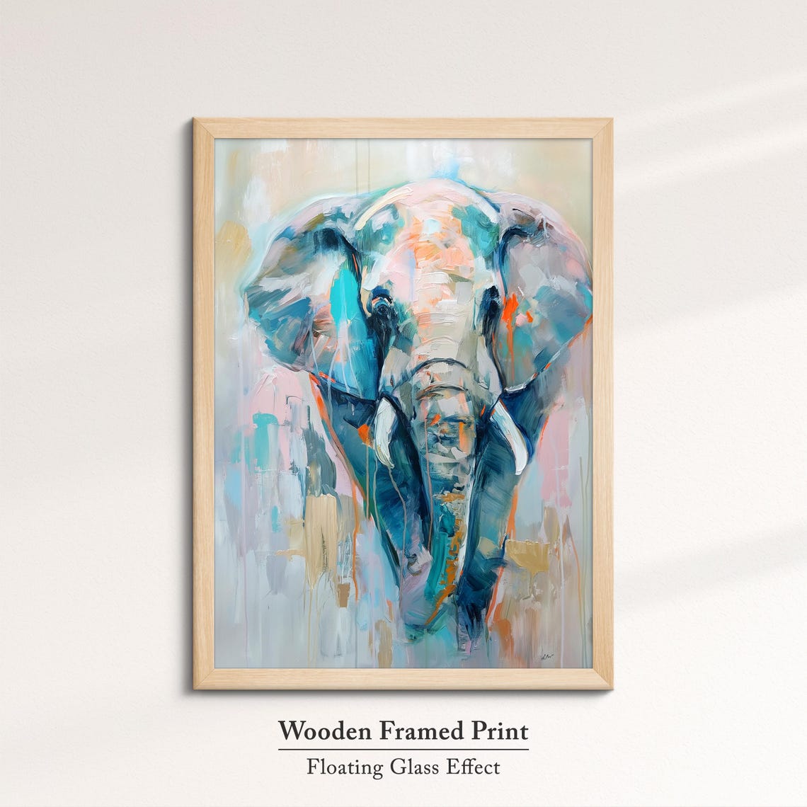 Elephant Front View Soft Teal Pink Paint Drip Abstract Wall Art - Image 6