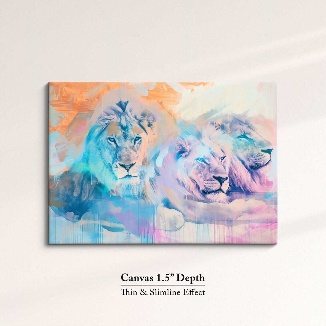 Lion Pride Trio Soft Watercolor Blue Orange Abstract Wildlife Poster - Image 3