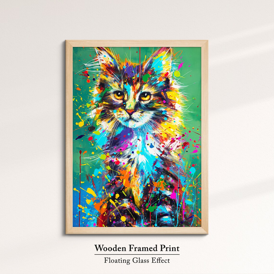 Colorful Paint Splatter Longhair Cat Portrait Teal Art Poster - Image 6