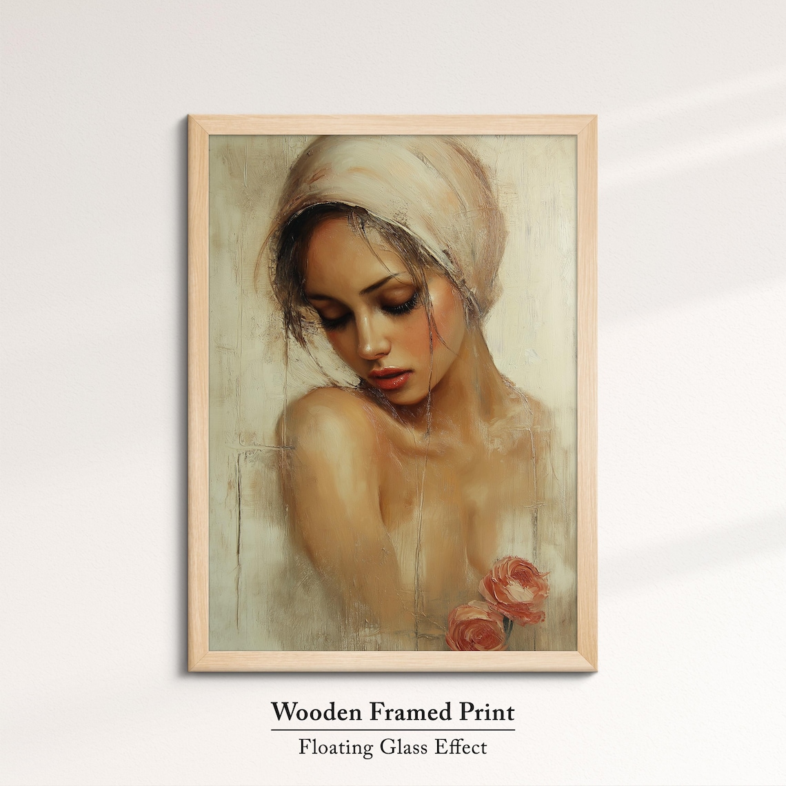 Contemplative Woman Portrait White Headscarf Roses Oil Painting Print - Image 6