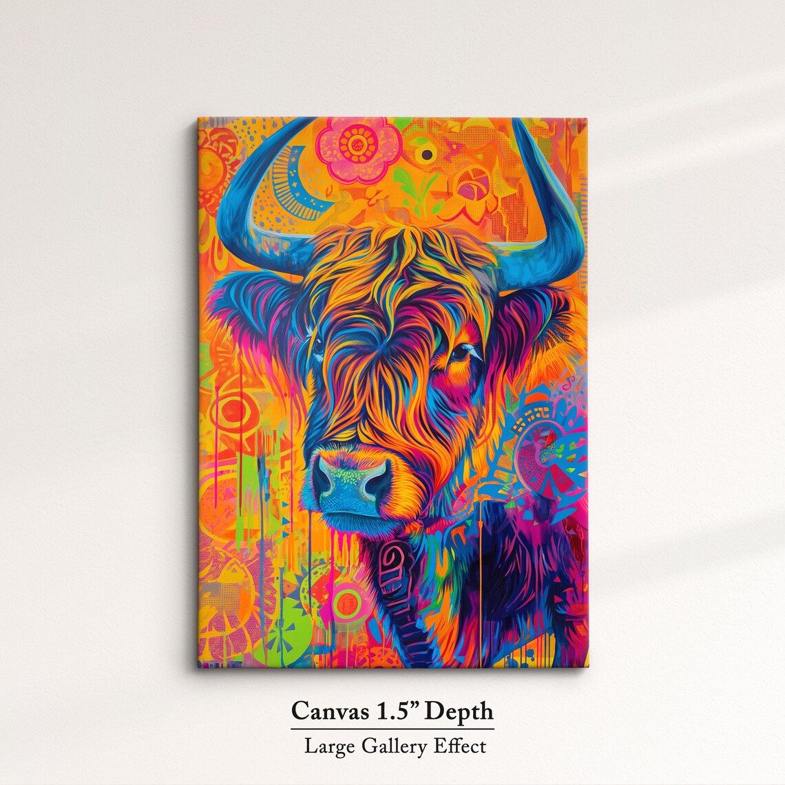 Highland Cow Colorful Rainbow Shaggy Hair Floral Portrait Poster - Image 3
