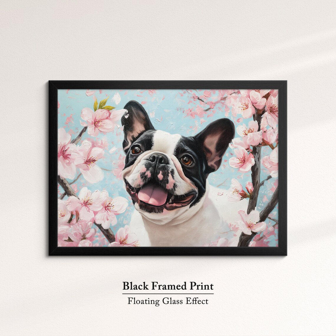 Black And White French Bulldog Smiling In Spring Cherry Blooms Poster - Image 8
