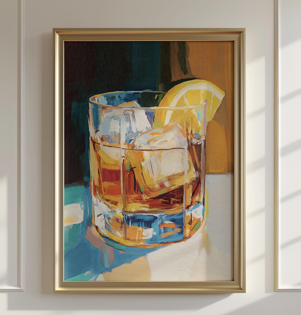 Bold Whiskey Lemon Cocktail Art Print Modern Bar Decor Kitchen Poster Beverage Illustration