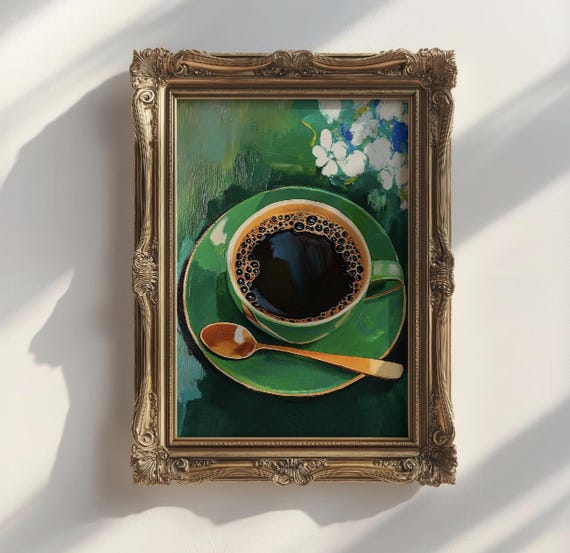 Coffee Lovers Art Print, Green Floral Kitchen Decor