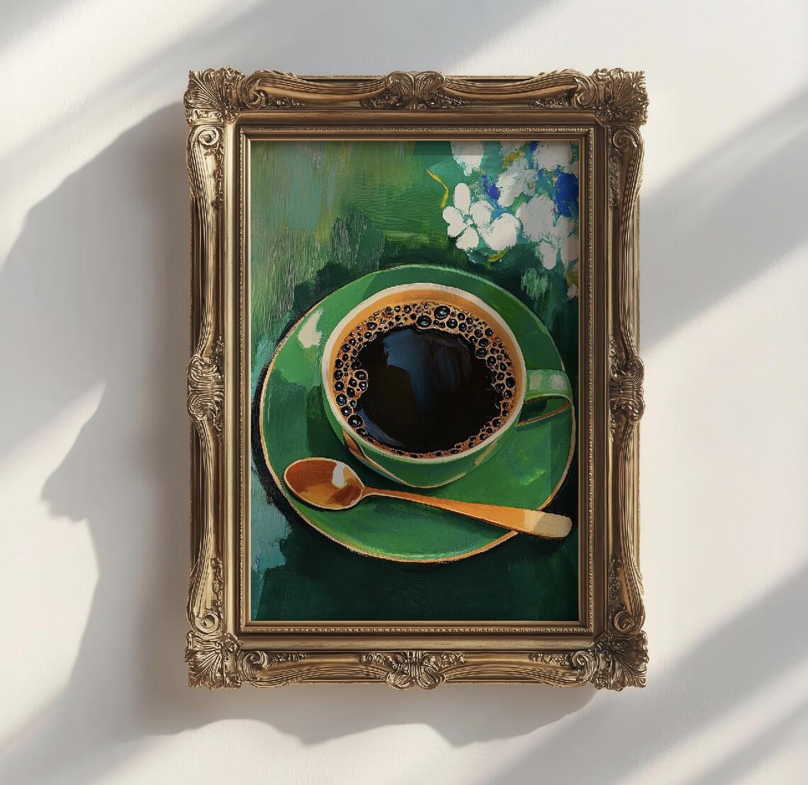Coffee Lovers Art Print, Green Floral Kitchen Decor