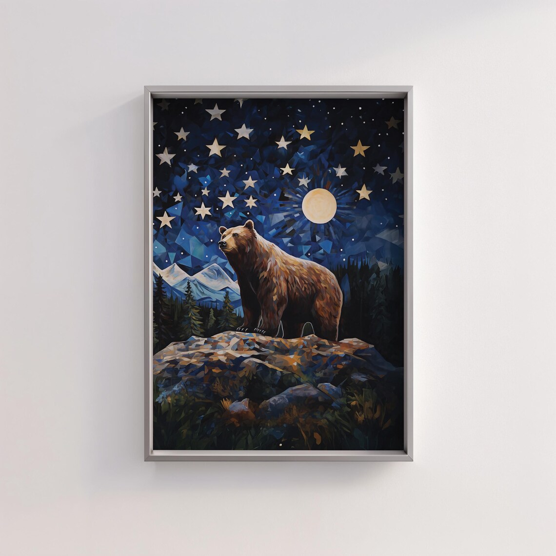 Brown Bear on a Rocky Peak Under a Starry Moonlit Sky Fantasy Poster - Image 2