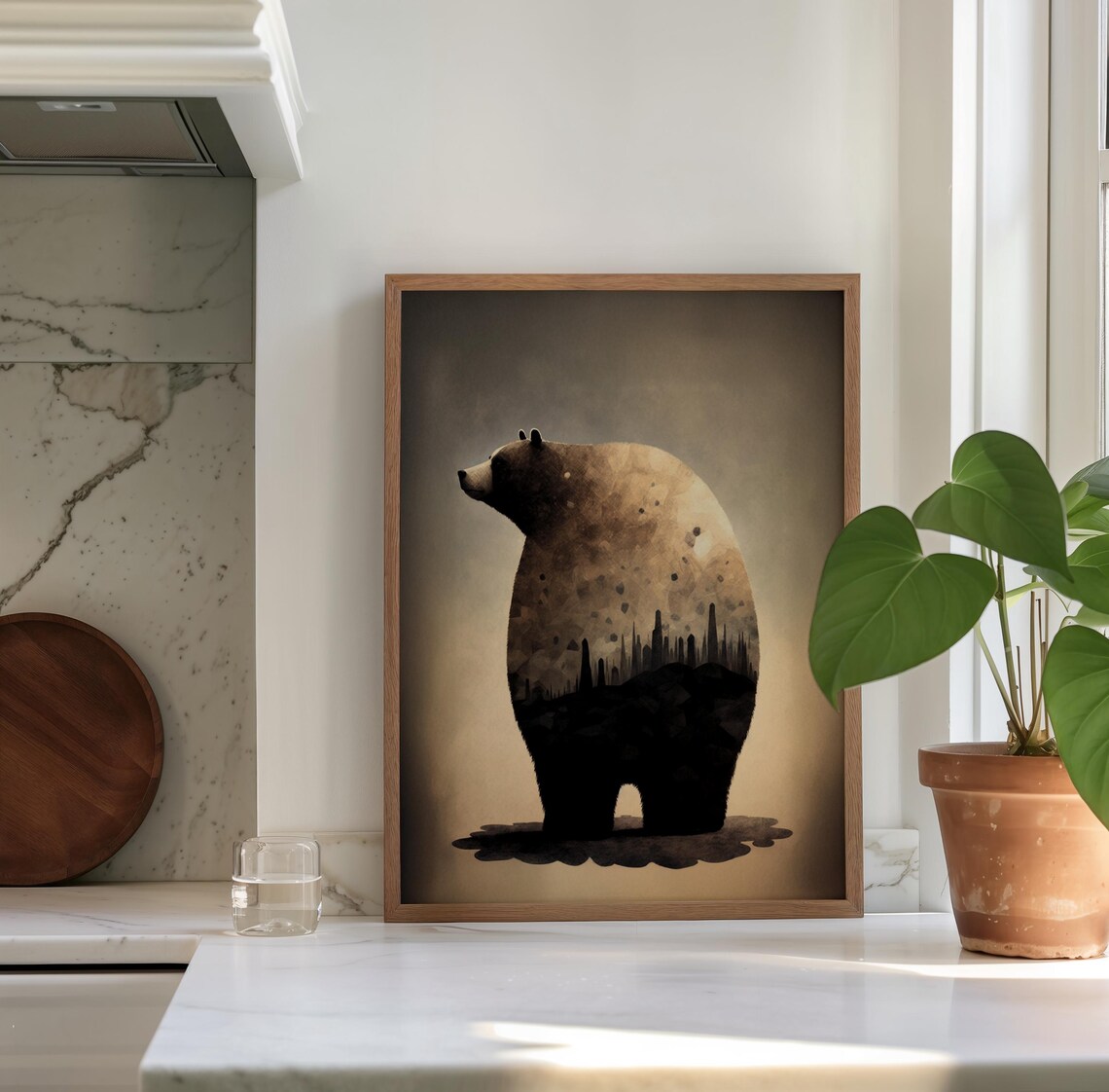 Standing Bear Silhouette Filled With a City Skyline Double Exposure Poster - Image 3