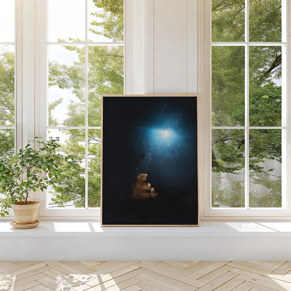 Mama Bear and Cub Gazing at a Glowing Blue Nebula Night Sky Art Print - Image 3