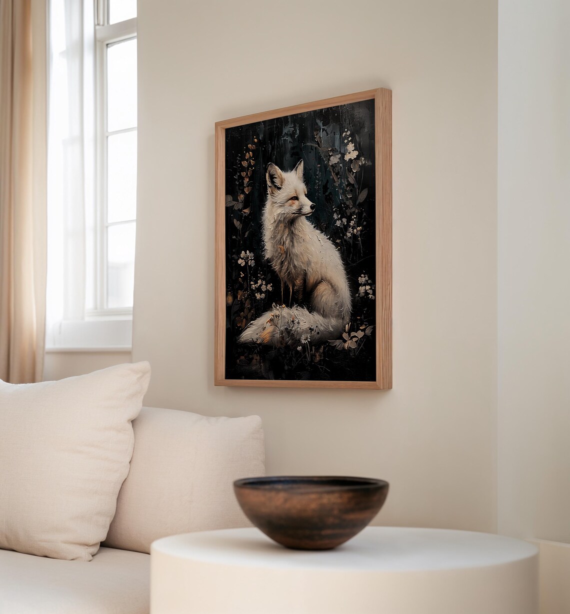 Enchanted White Fox in a Moonlit Dark Forest Floral Illustration Poster - Image 3