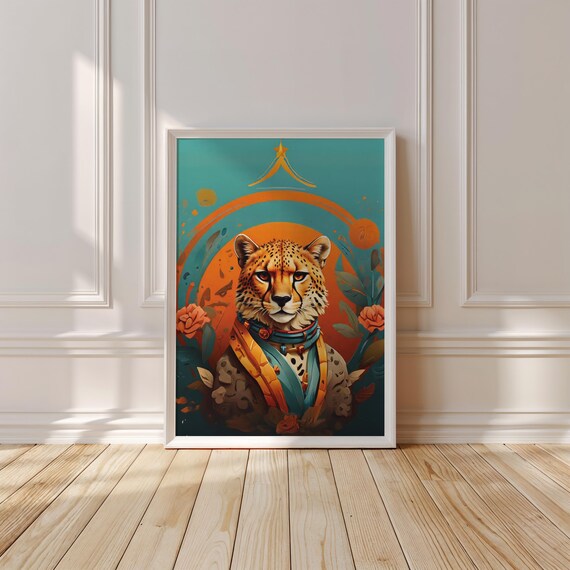 Regal Cheetah Portrait Poster with Floral Accents in Teal and Orange