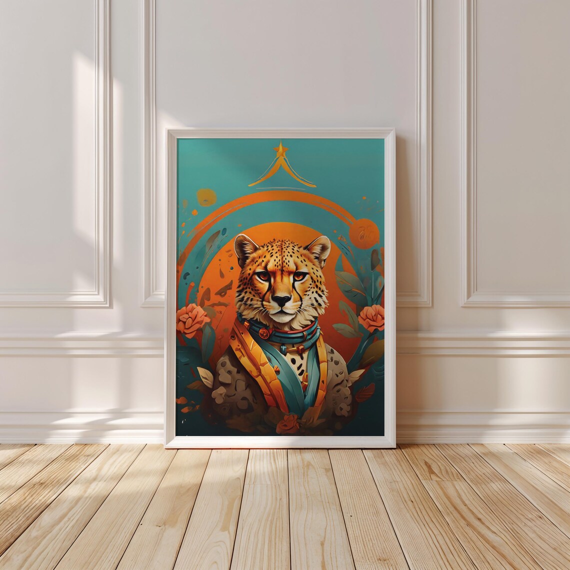 Regal Cheetah Portrait Poster with Floral Accents in Teal and Orange