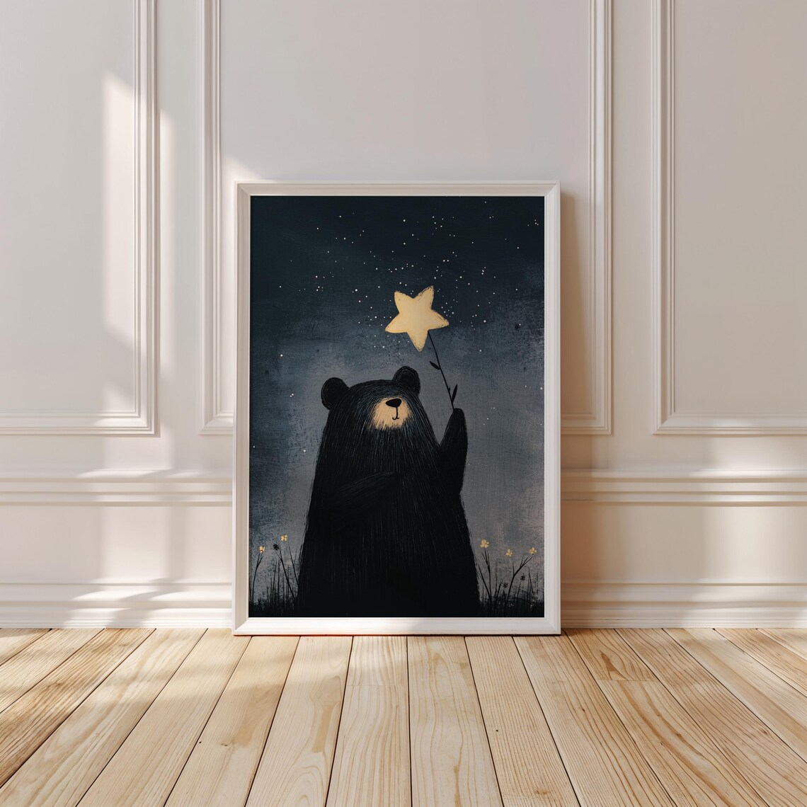 Whimsical Black Bear Holding a Golden Star Under Night Sky Nursery Print