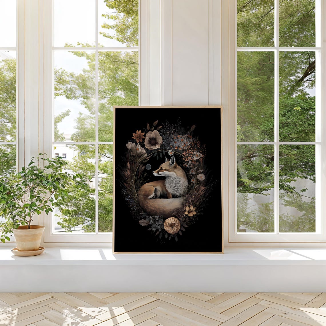Sleeping Red Fox Curled in a Dark Botanical Floral Wreath Poster - Image 3
