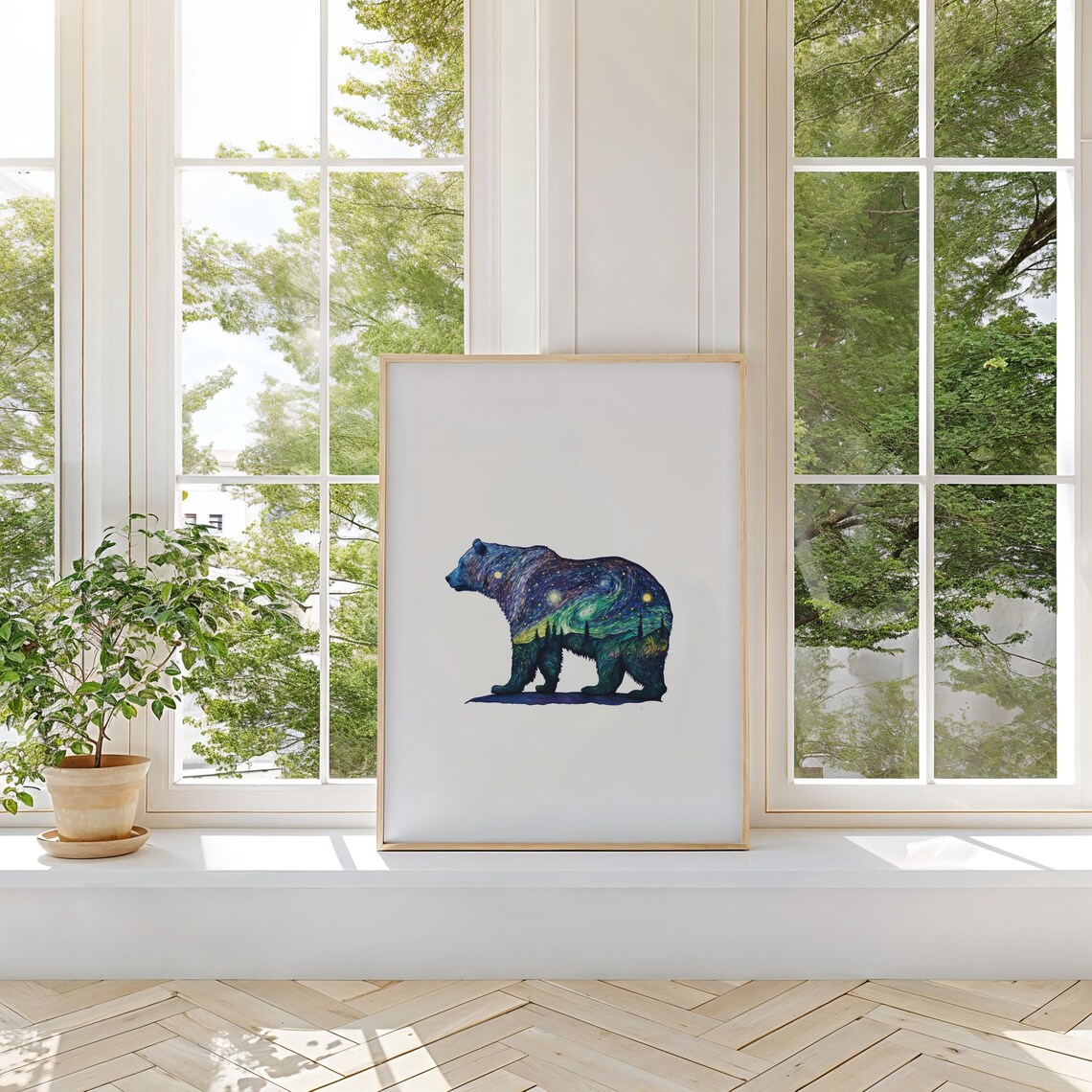 Starry Night Sky Bear Silhouette Filled With Swirling Cosmic Art Poster - Image 2