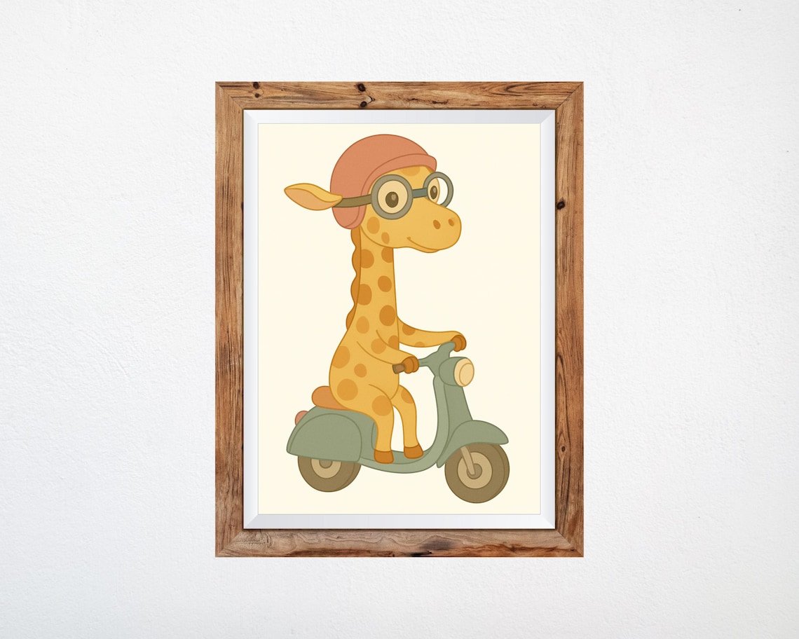 Cute Giraffe On Scooter, Safari Nursery Decor