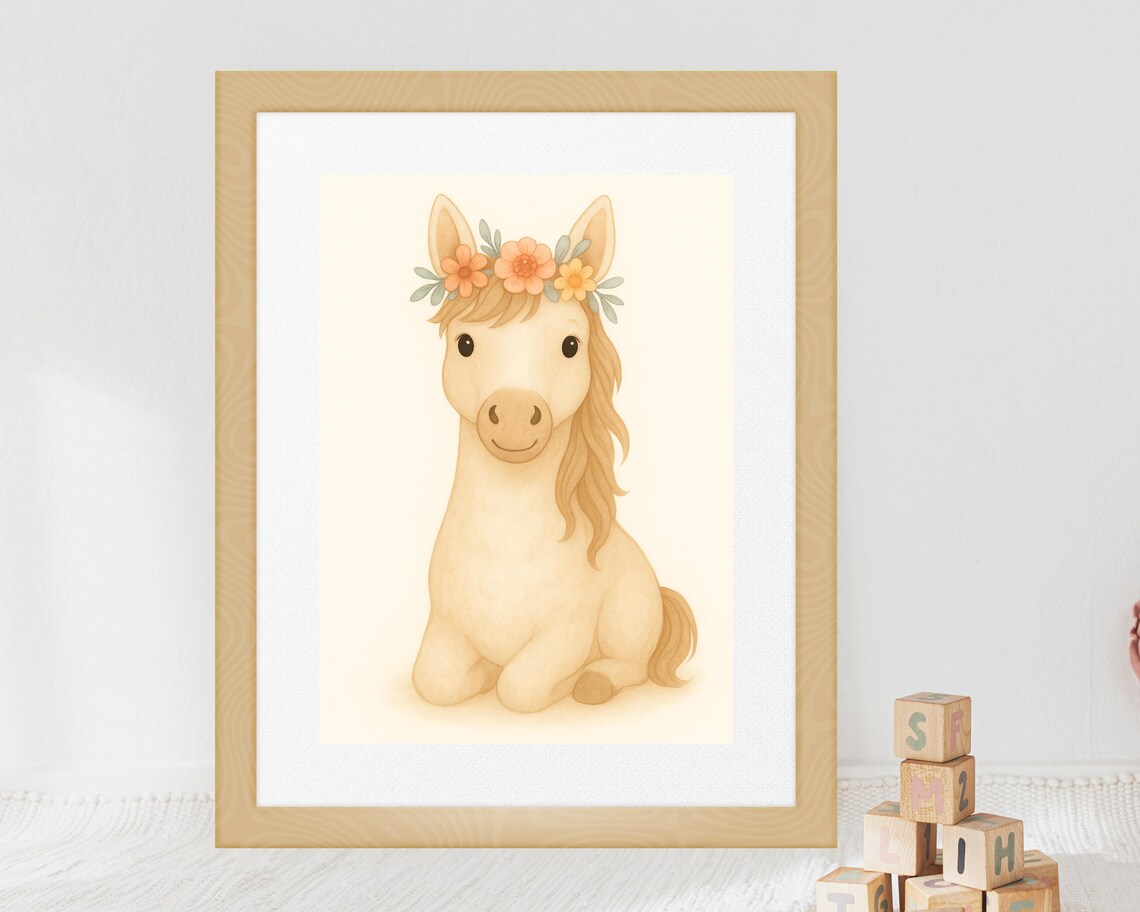 White Horse With Floral Crown, Nursery Art Print - Image 3