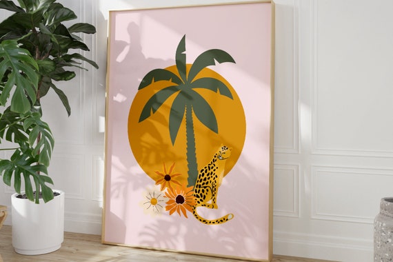 Pink Leopard Botanical Art Print, Boho Jungle Decor