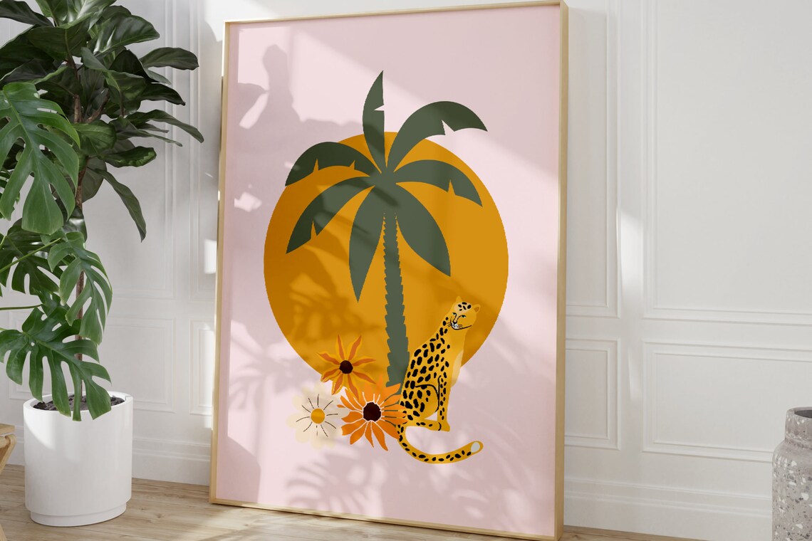 Pink Leopard Botanical Art Print, Boho Jungle Decor