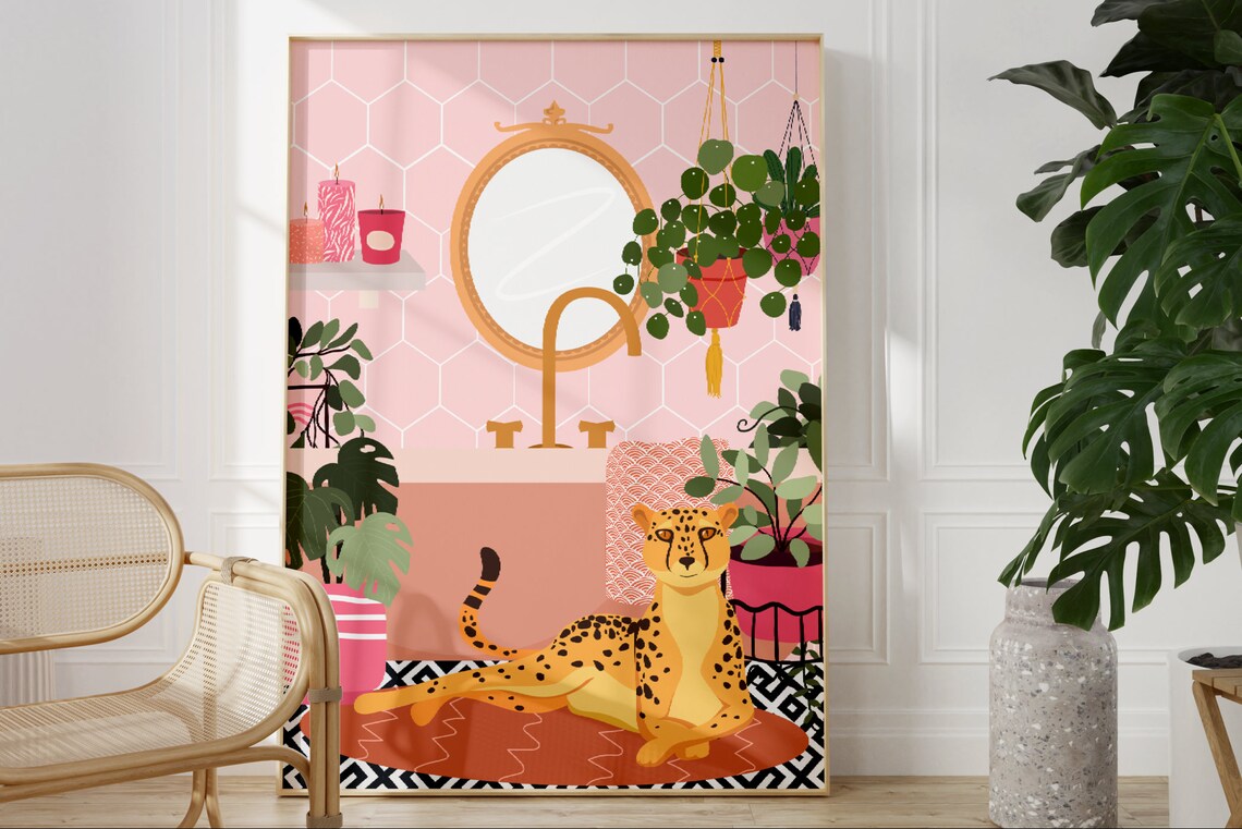 Leopard Boho Bathroom Art Print, Tropical Decor