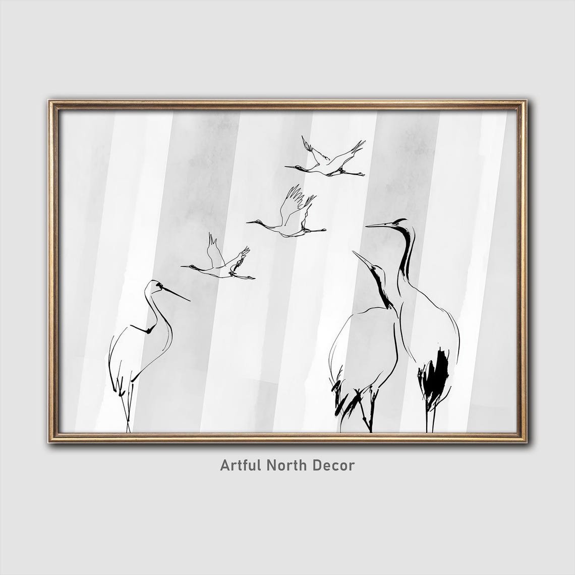 Japandi Cranes Ink Line Drawing Minimalist Bird Artwork Print