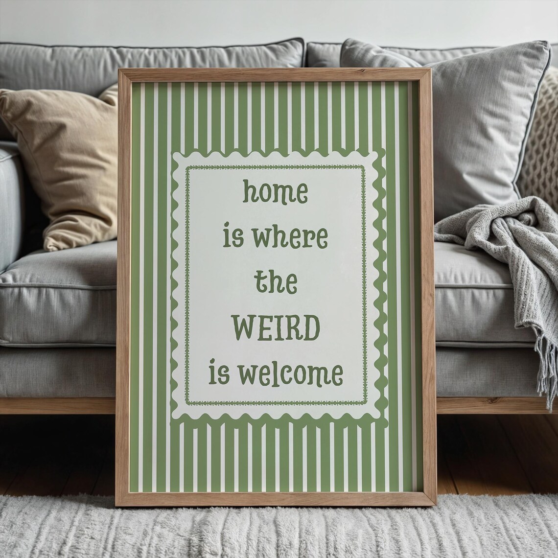 Home Is Where the Weird Is Welcome Green Striped Quote Poster