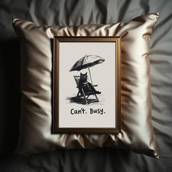 Busy Cat Beach Print Funny Moody Animal Wall Art
